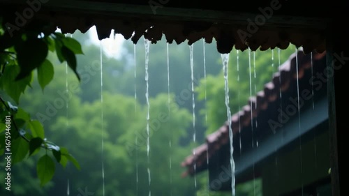 Heavy rain falling through broken roof with green leaves in background showing real nature and wet weather