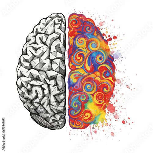 Isolated Hand Drawn Watercolor Painting Illustration of Half Left Geometric Monochrome Brain Half Right Colorful Brain
