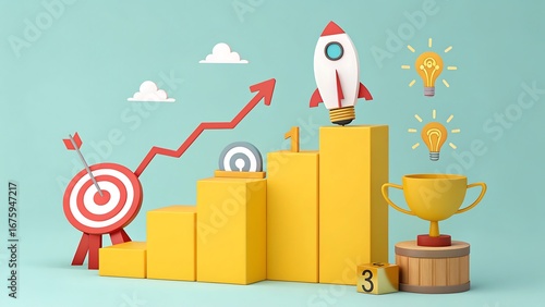 Conceptual Illustration of Progress and Achievement with a Rocket, Target, and Trophy on a Podium of Success.