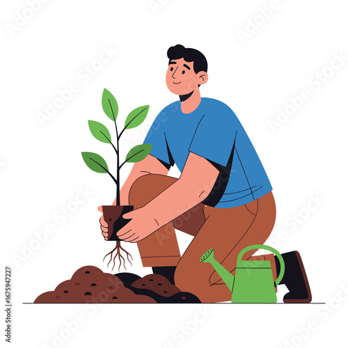 Nurturing Growth: A man carefully plants a young tree in fertile soil, symbolizing growth, environmentalism, and the interconnectedness of nature.