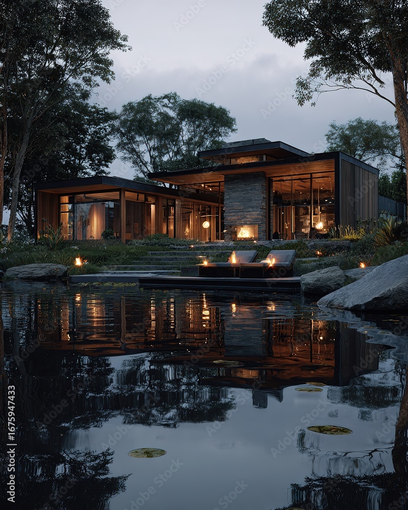Fototapeta premium Modern luxury house by serene lake, warm lights reflect at dusk, cozy retreat