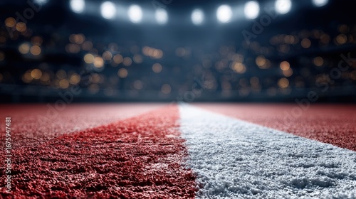 Red and White Running Track in Illuminated Stadium