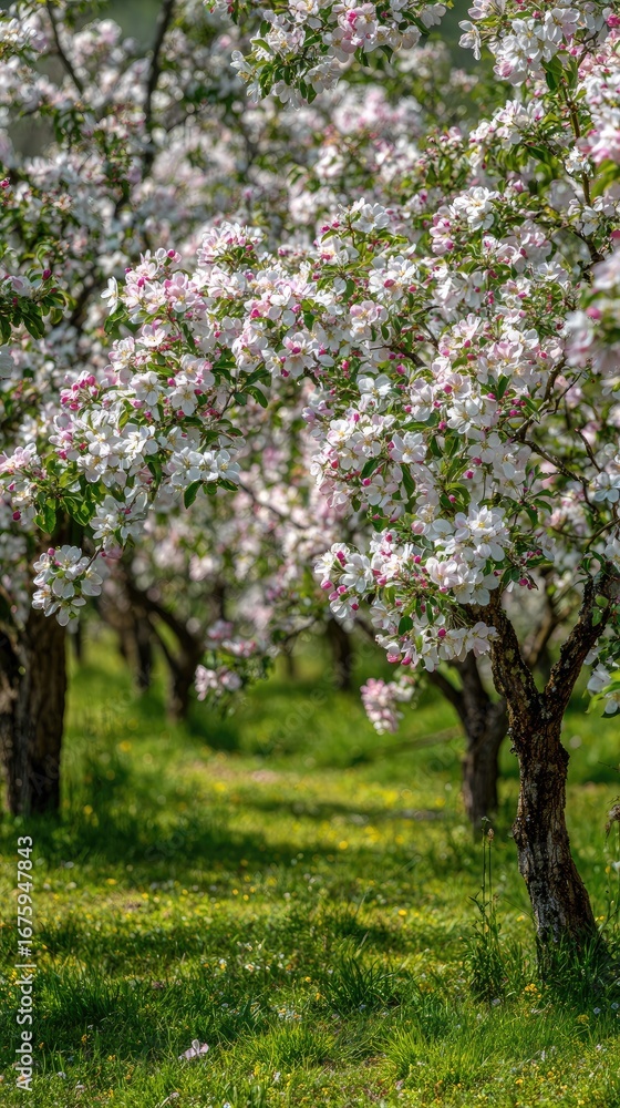 Fototapeta premium Blooming apple trees in a row, green grass below, spring landscape