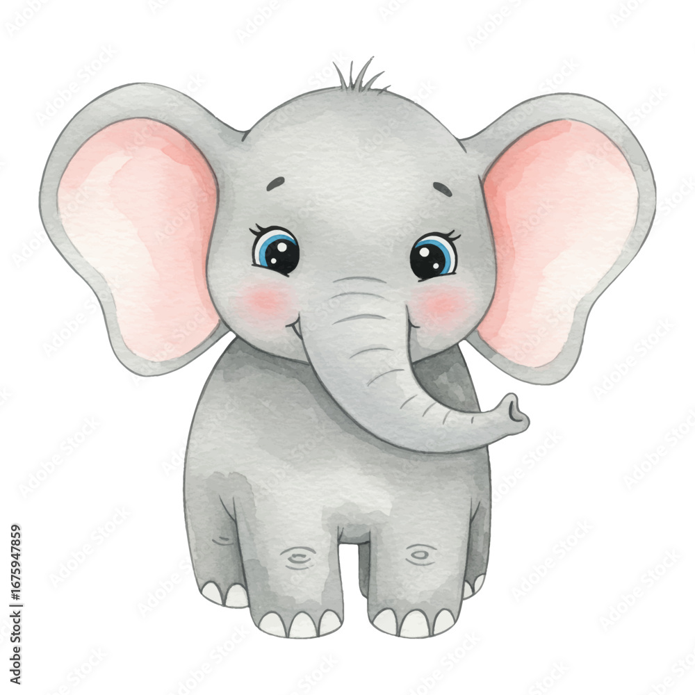 Naklejka premium Cute Little Baby Elephant Children Book Style Isolated Hand Drawn Watercolor Painting Illustration