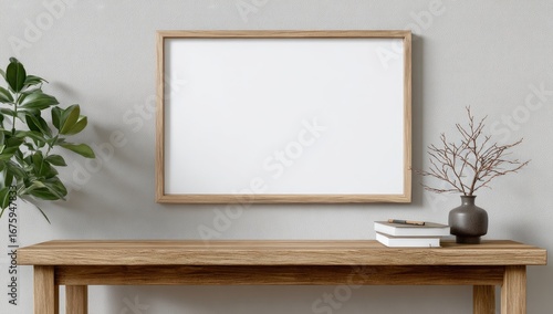 Empty frame on a light gray wall, wooden console table, and plants