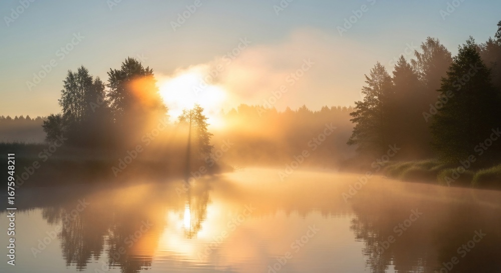 Naklejka premium Golden sunbeams pierce through morning mist rising from a tranquil river, illuminating the surrounding forest and its reflections.