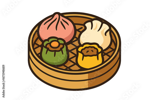 Colorful dim sum in bamboo steamer on transparent background dim sum on bamboo tray