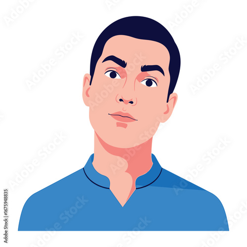 Thoughtful Man's Portrait: A detailed illustration of a pensive man with a curious gaze, set against a minimalist backdrop, a digital artwork that focuses on the contemplation of ideas.