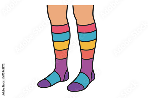 Colorful striped socks worn on cartoon legs with cheerful design compression socks worn