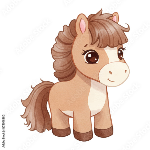 Cute Little Brown Horse Children Book Style Isolated Hand Drawn Watercolor Painting Illustration