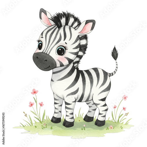 Cute Baby Zebra Standing Grass Flowers Children Book Style Isolated Hand Drawn Watercolor Painting Illustration