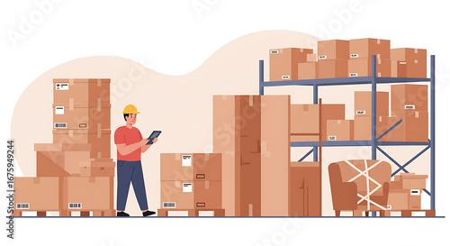 Warehouse worker in hard hat holding tablet, inspecting cardboard boxes on pallets and shelves, logistic operations and supply chain management concept