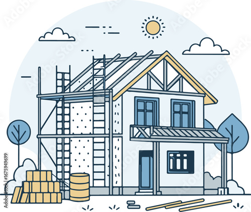House Under Construction Illustration, Real Estate Development and Home Renovation Concept
