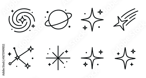 Minimalistic celestial icons: stars, planets, galaxies, and constellations on black background