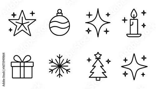 Minimalist holiday icons: stars, ornaments, candles, and more on olive green
