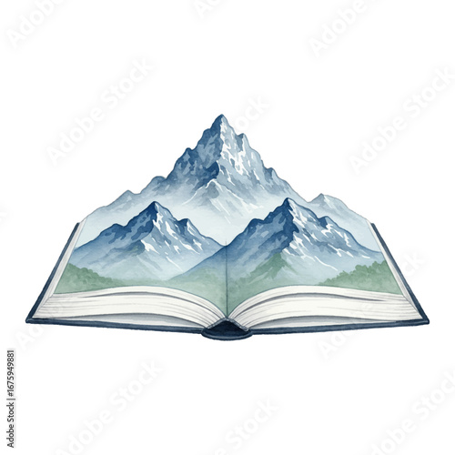 Majestic Mountains Emerging from an Open Book Pages Isolated Hand Drawn Watercolor Painting Illustration