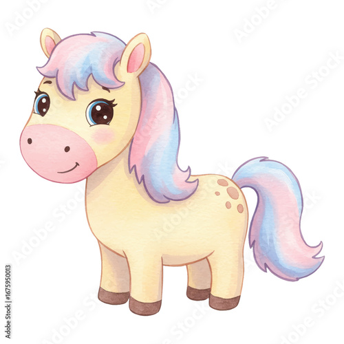 Cute Horse Foal Pony with Colorful Mane and Tail Children Book Style Isolated Hand Drawn Watercolor Painting Illustration