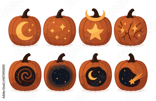 Halloween pumpkins with celestial and cosmic carvings on rustic orange background