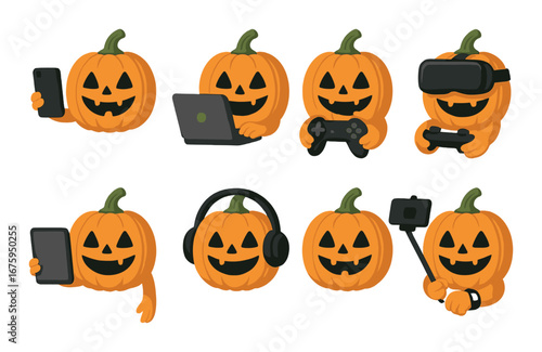 Jack-o'-lanterns engaged with gadgets: phones, laptop, game controllers, vr, headphones
