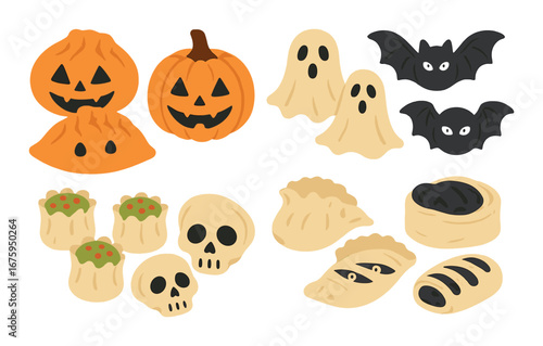 Spooky halloween treats featuring pumpkins, ghosts, skulls, bats, and mummies