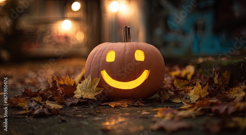 Pumpkin with smiley face at night