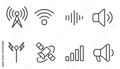 Set of various communication icons: wi-fi, signal, satellite, sound