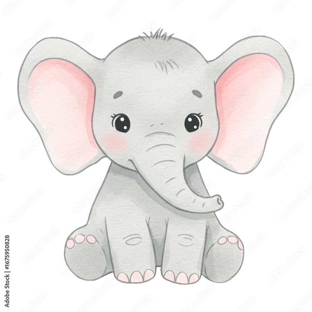 Naklejka premium Adorable Cute Baby Elephant Sitting View Children Book Style Isolated Hand Drawn Watercolor Painting Illustration