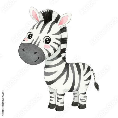 Cute Zebra Child Standing Happy Children Book Style Isolated Hand Drawn Watercolor Painting Illustration