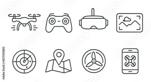 Drone technology icons: controller, vr headset, navigation, camera, propeller