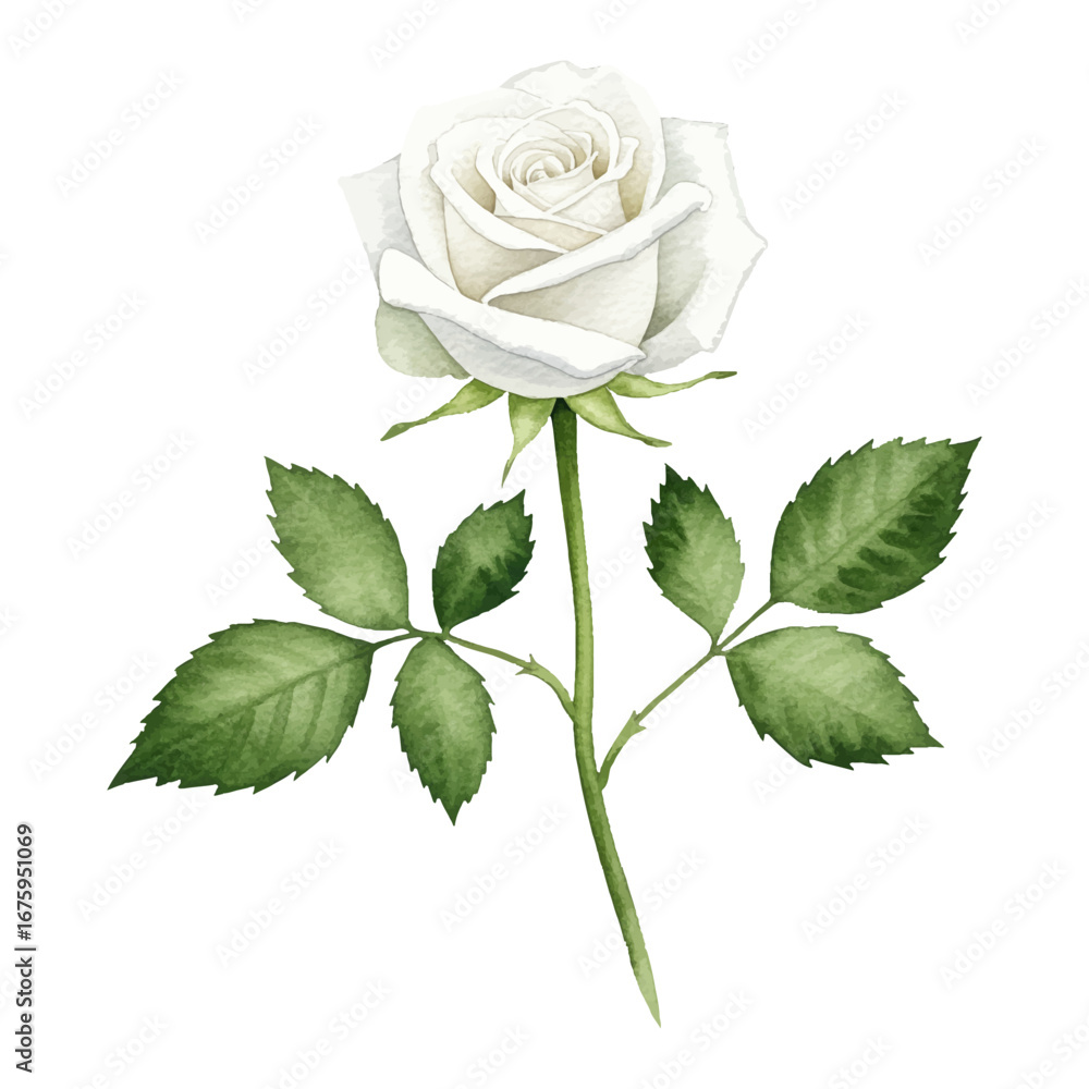 Obraz premium Beautiful White Rose with Green Stalk and Leaves Isolated Hand Drawn Watercolor Painting Illustration