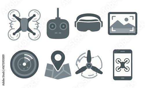 Drone control icons: remote, goggles, map, propeller, smartphone
