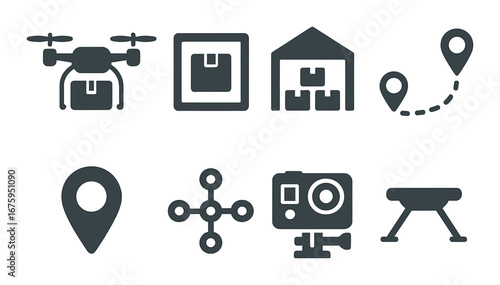 Collection of drone and delivery logistics icons on dark background