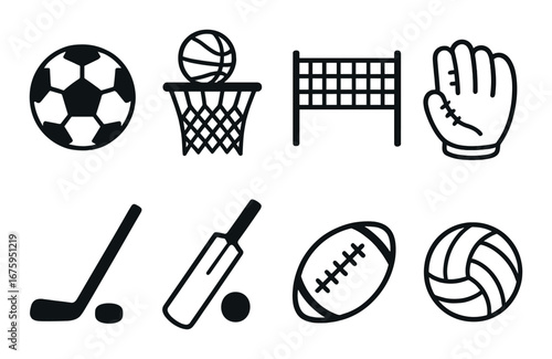 Icon set of various sports equipment including soccer, basketball, volleyball, and cricket
