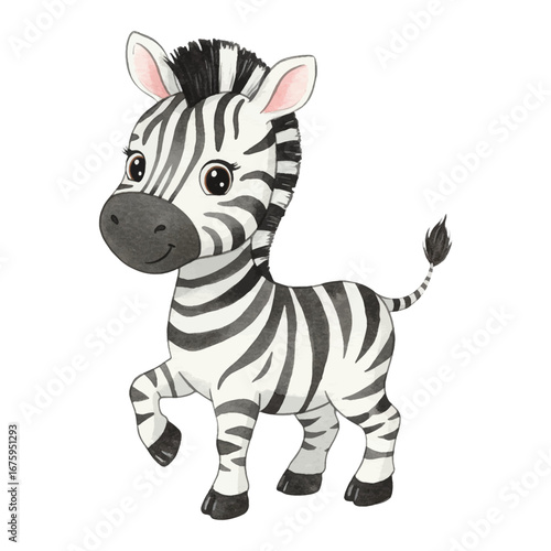 Cute Adorable Zebra Child Standing Playfully in Children Book Style Isolated Hand Drawn Watercolor Painting Illustration