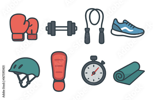Fitness equipment icons: boxing gloves, dumbbell, jump rope, shoe, helmet, stopwatch, yoga mat