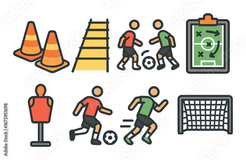 Soccer training equipment and drills: cones, ladder, players, tactics, goal