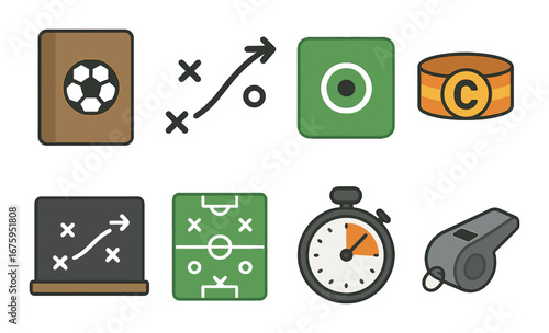 Football strategy icons: cards, tactics, stopwatch, whistle, game plan symbols