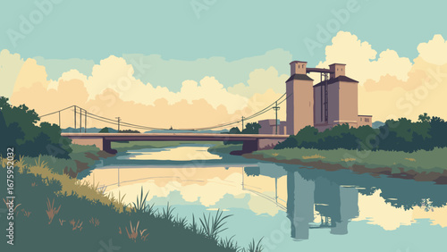 Waco, TX – Brazos Riverfront with suspension bridge and historic grain silos, palette: grain gray, river teal, silo umber, dawn gold