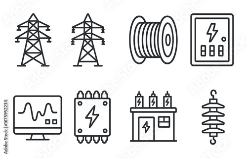Electric infrastructure icons: power lines, meter, coil, control panel, circuit board, transformer