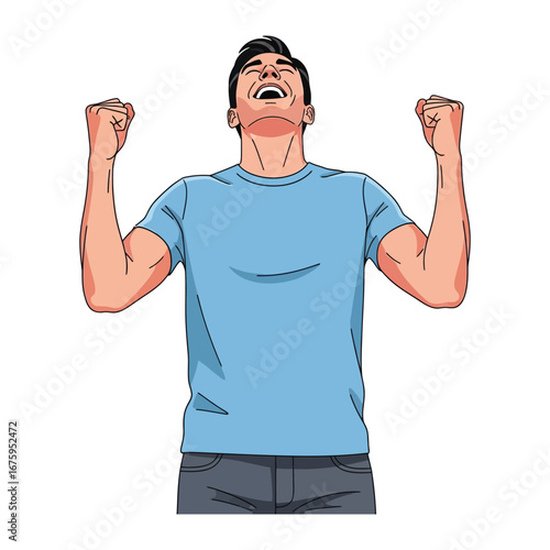 Triumphant Expression: An illustration of a man's elation, eyes closed, fists raised in triumph, exuding a sense of victory.