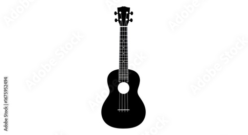 Silhouette of a black ukulele with tuning pegs and a soundhole.