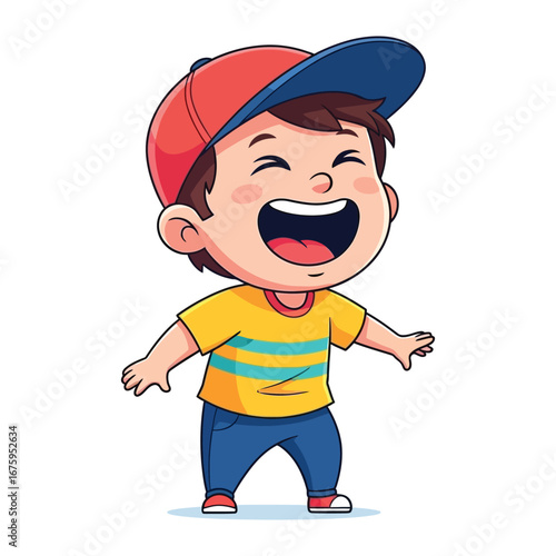 Happy Child: A cheerful cartoon illustration features a young boy, radiating pure joy and laughter while wearing a vibrant cap and casual attire, perfect for representing childhood happiness. 