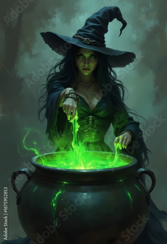 Evil witch making green potion in a huge magic pot