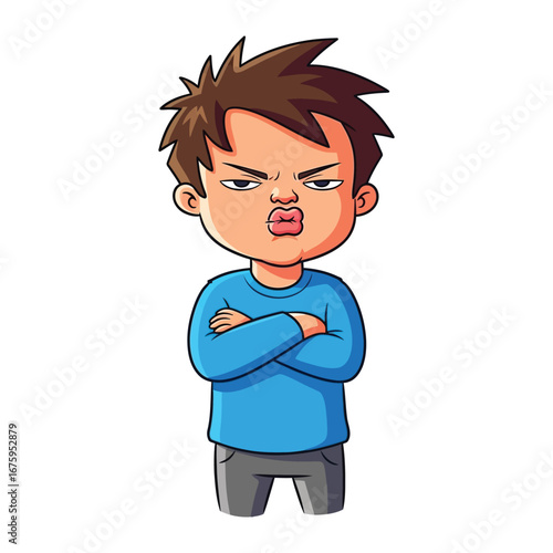 Angry Child's Cartoon: A young boy, with a pout and arms crossed, exudes an attitude, embodying the complex emotions of childhood