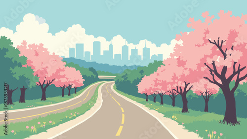 Springfield, MO – Avenue of the Ozarks skyline and parkway with spring blooms, palette: oak green, limestone, blossom pink, road taupe