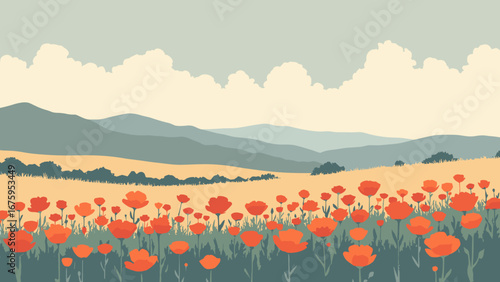 Lancaster, CA – Antelope Valley poppy fields with distant San Gabriel fog, palette: poppy orange, sage, sky gray, dune beige