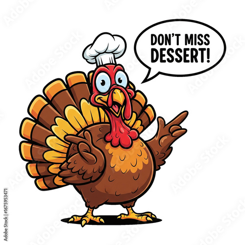 Cheerful turkey in chef hat with speech bubble reminding to not miss dessert on a Transparent background