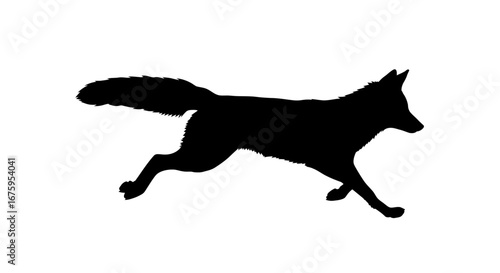 A simple black silhouette of a running fox with a long bushy tail.