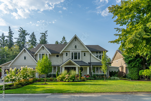 Two story luxury house with beautiful summer  landscape in Vancouver, Canada, North America. Day time on August 2025.