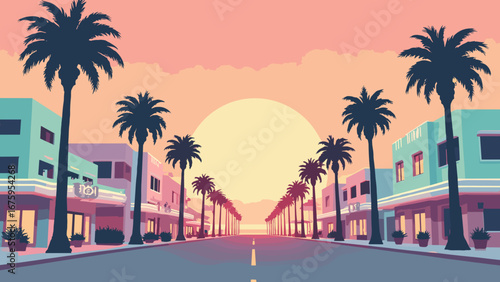 Hollywood, FL – Broadwalk palms and pastel art-deco facades at sunrise, palette: pastel pink, palm green, boardwalk beige, dawn coral